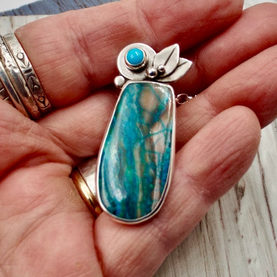 Chrysocolla And Malachite  in A White Quartz Matrix Gemstone Set In Sterling Silver And Accented With A Sleeping Beauty Turquoise Pendant