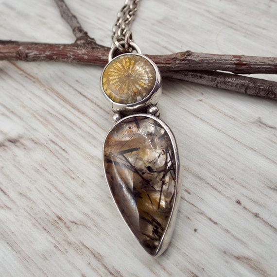 Handmade Fossil Coral & Rutilated Quartz Sterling Silver Pendant Necklace