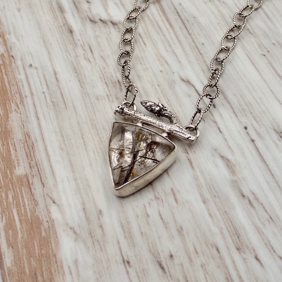 Tourmaline Rutilated Quartz Triangle Gemstone Pendant with Silver Cast Twig and Silver Chain