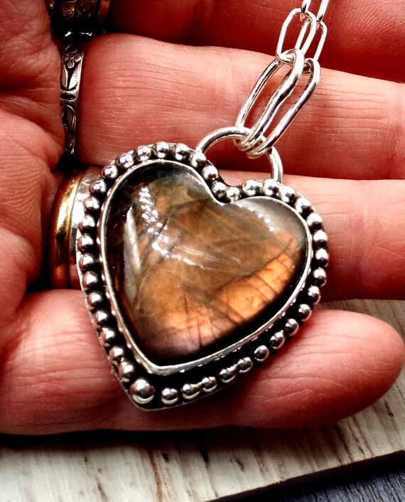 Labradorite Heart Pendant with Bead Wire Trim and Paperclip Chain,Handemade, Sterling Silver Necklace