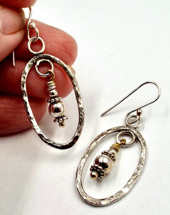 Hammered Hoops With Silver Ball Dangles, Sterling Silver Earrings