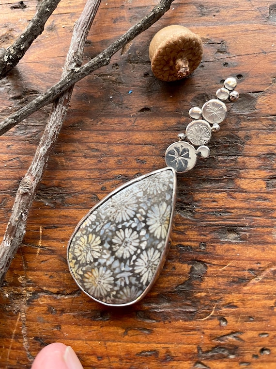 Fossil Coral with a Chrysanthemum Patterned Pendant in Sterling Silver, Teardrop Stone, Natural Gems, Nature Jewelry Black and White