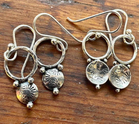 Petite Sterling Hoop Earrings, Domed Circles and Silver Balls