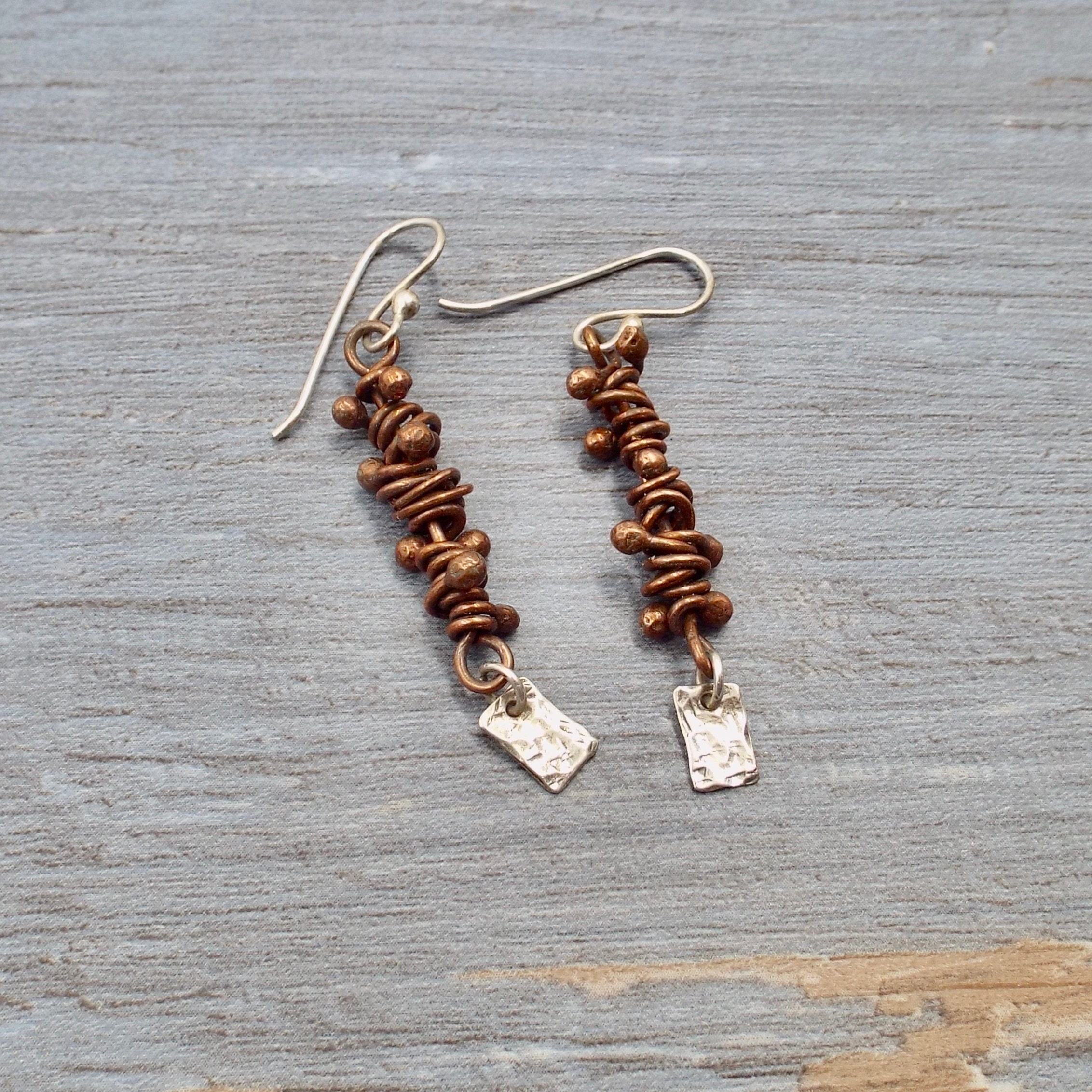 Balled and Wrapped Copper Wire Earrings with Silver Ear Wires and Hammered  Sterling Squares