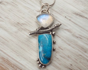 Moonstone and Turquoise Pendant with Sterling Silver Twig, Silver Snake Chain