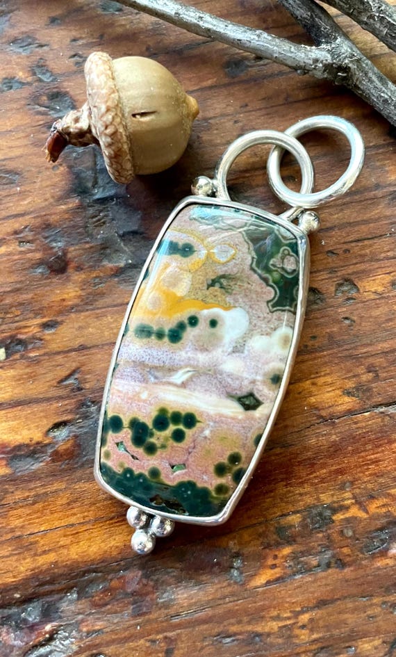 Ocean Jasper Pendant with Sterling Silver Chain Sunrise Colors