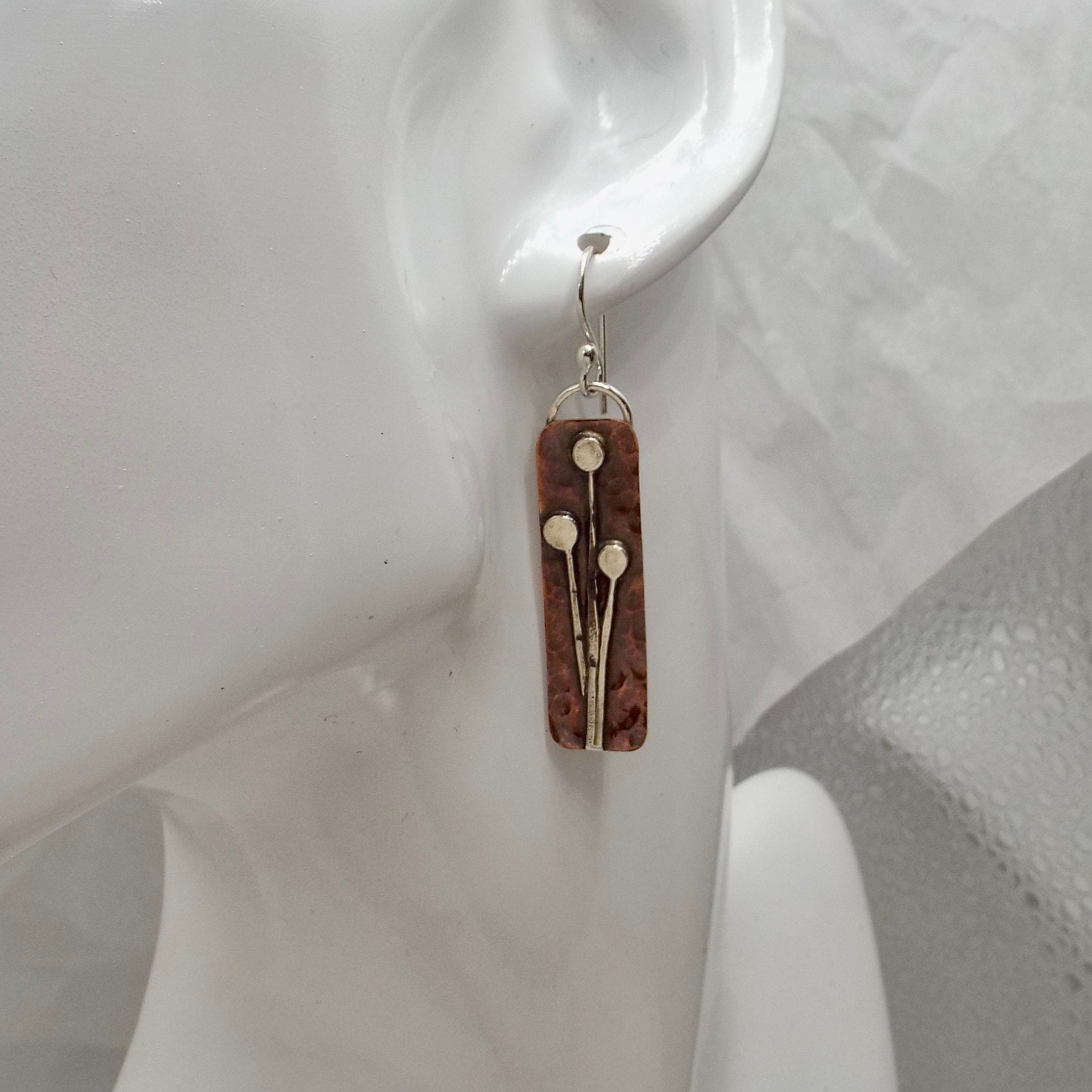 Mixed Metal Copper and Silver Earrings, Hammered Copper and Silver Flowers
