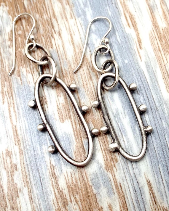 Satin Finished Silver Earrings, Ovals with Silver Balls, Rustic Sterling Jewelry