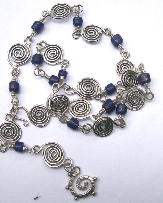 Sterling Spiral Chain With Blue Recycled African Glass Beads