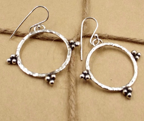 Hammered Hoops With Bead Cluster Details, Sterling Silver Earrings
