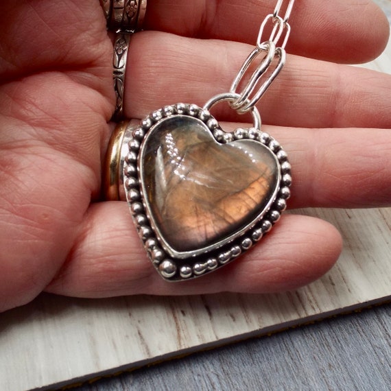 Labradorite Heart Pendant with Bead Wire Trim and Paperclip Chain,Handemade, Sterling Silver Necklace