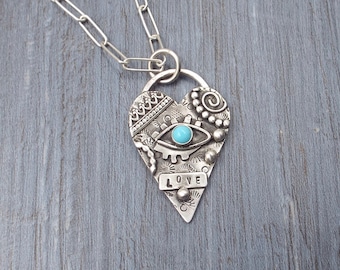 Blue Eyed Heart Pendant, All Seeing Eye, Stamped and Hammered Sterling, Love Necklace, Paperclip Chain