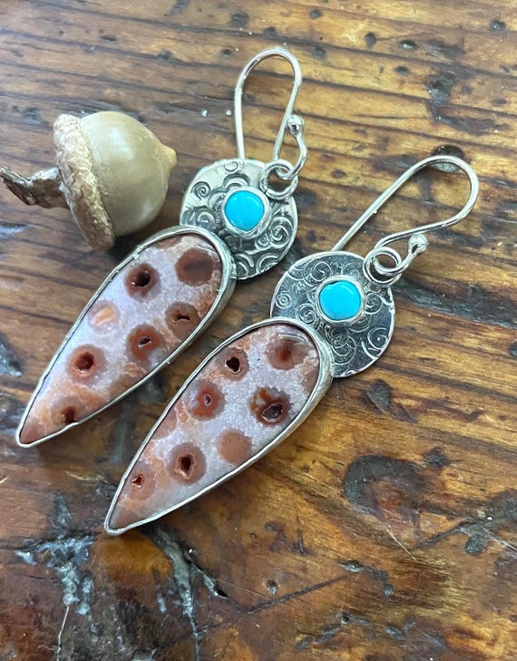Kingman Turquoise and Polka Dot Fossil Coral Earrings Handmade in Sterling Silver
