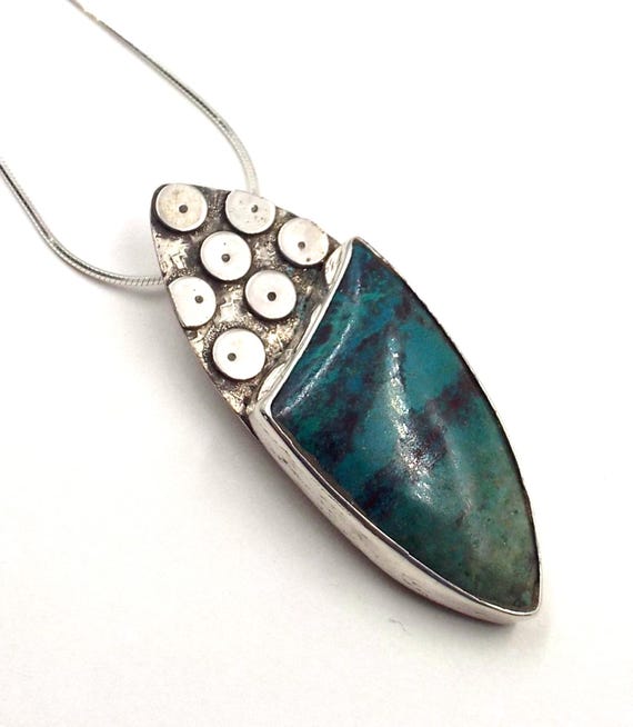 Blue Green Jasper Gemstone Pendant Embellished With Circles, Sterling Silver Jewelry