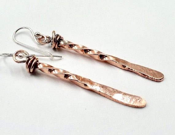 Copper Twisted And Forged Wire Earrings With Sterling Silver Ear Wires