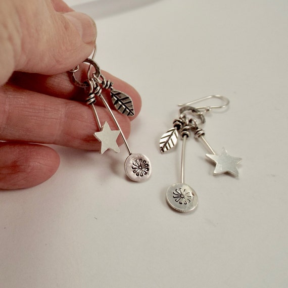 Star, Leaf and Flower Earrings, Hammered Sterling Hoops with Dangles