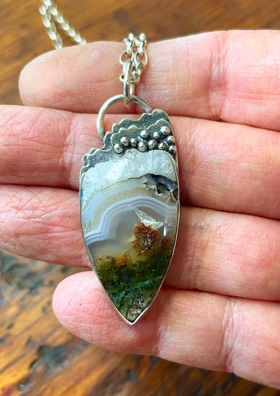 Sterling Pendant with Plume Agate and Live Edge Druzy