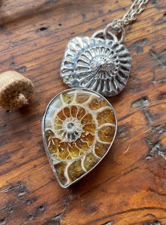 Ammonite Fossil with a Cast Silver Ammonite Pendant, Necklace, Sterling Silver Jewelry