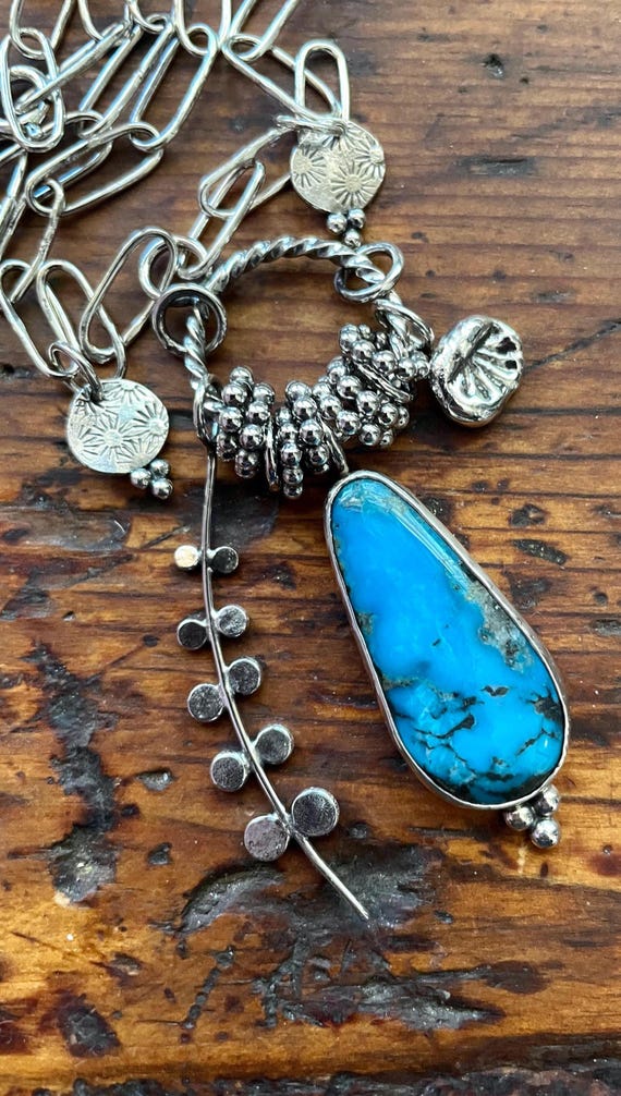 Blue Basin Turquoise Necklace with a Pond Frond, Rings and Charms, Handmade Paperclip Chain
