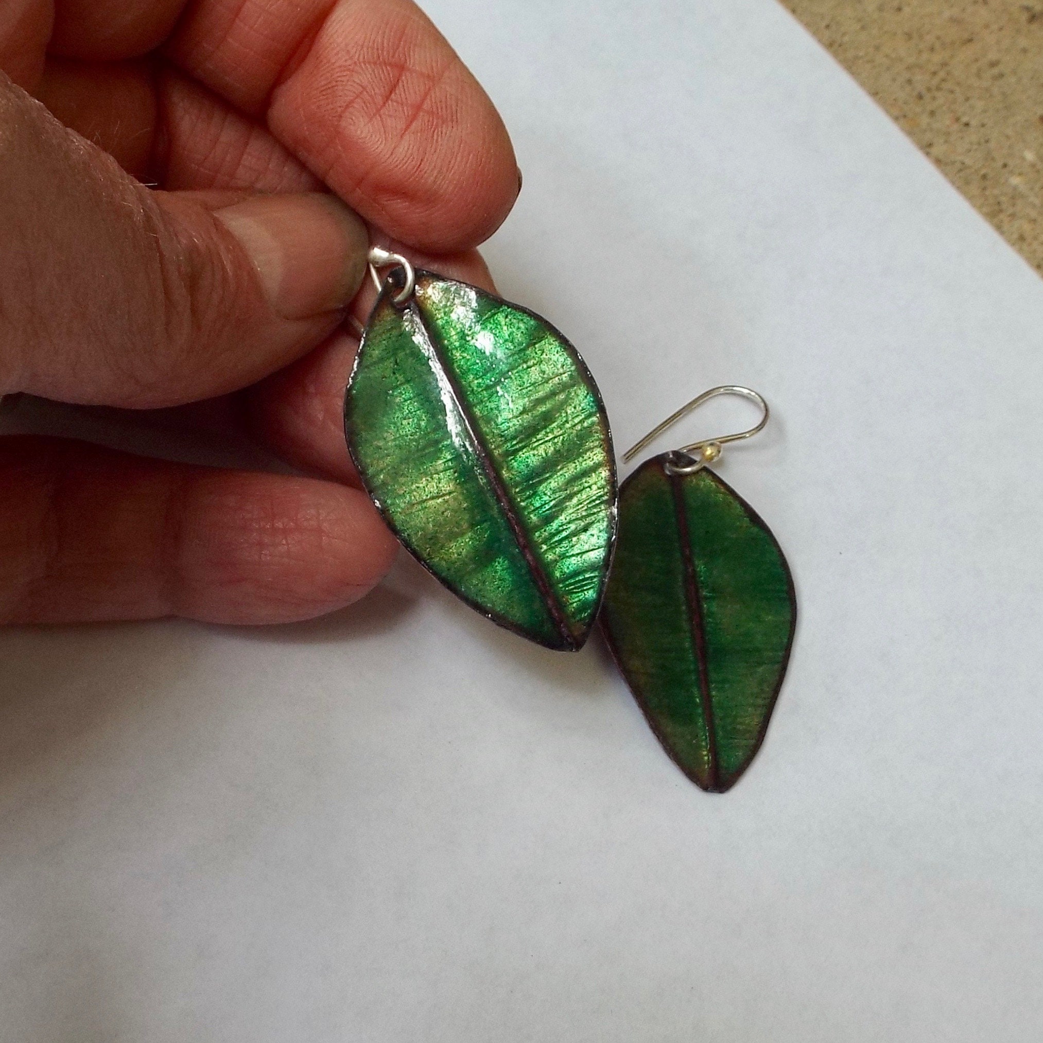 Gem Green Copper Enamel Leaf Earrings Mixed Metal, Form Folded Jewelry