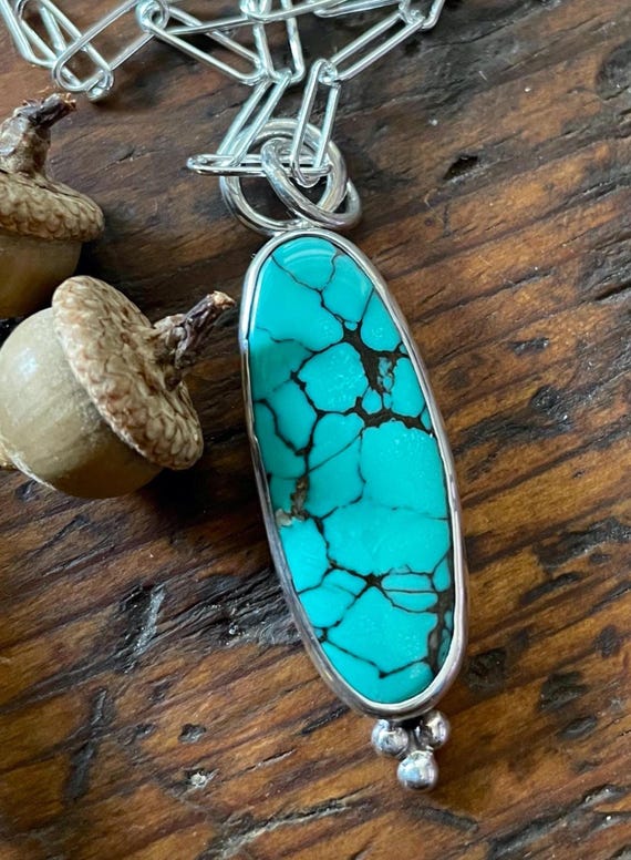 Spiderweb Hubei Turquoise and Sterling  Pendant with Silver Paperclip Chain