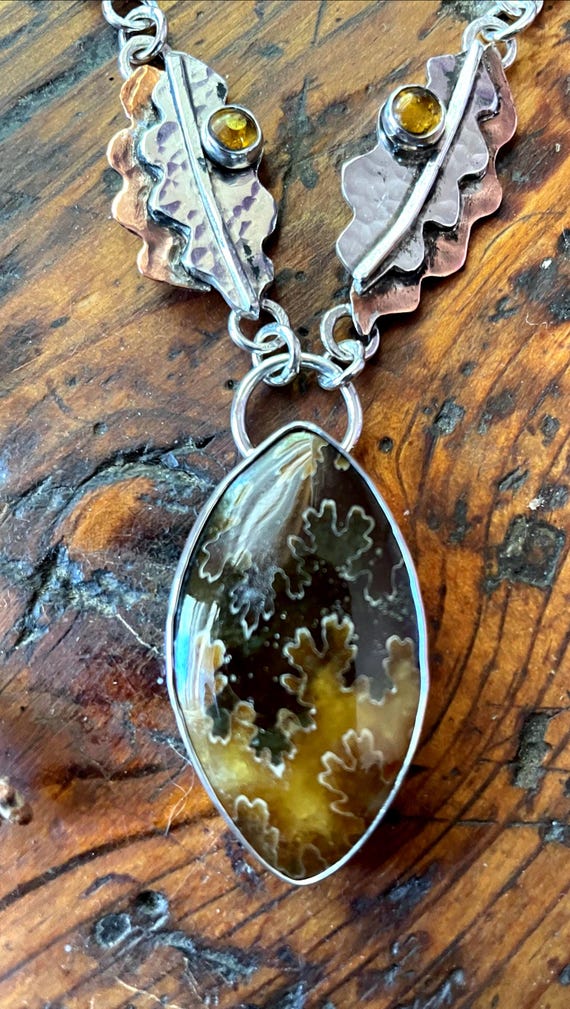 Sutured Ammonite Fossil Necklace with Baltic Amber, Garnets, Sterling Silver and Copper