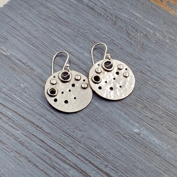 Moon Crater Earrings, Circles with Holes, Dots and Hammered Texture Embellishments