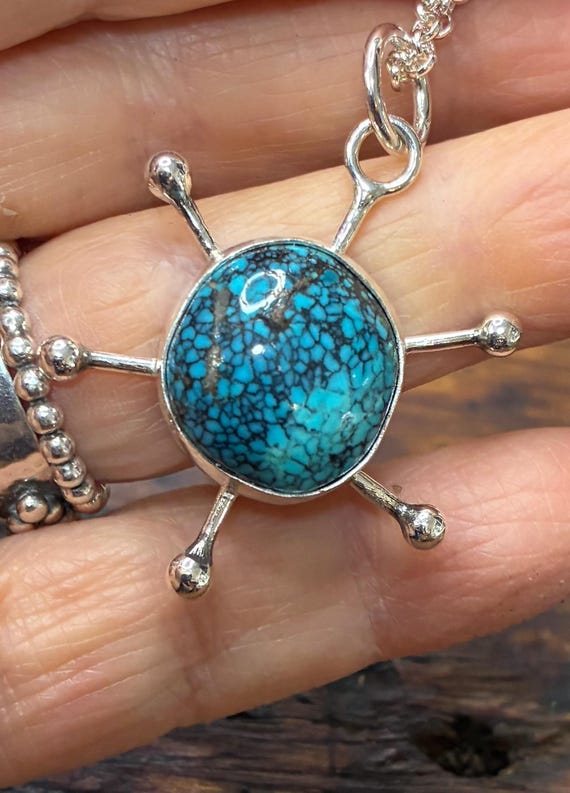 Mid Century Modern Pendant: Handmade Sterling Silver and Turquoise Necklace