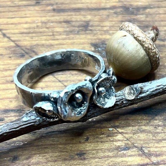 Water Cast Flower Ring in Sterling Silver, Hollyhocks Freeform Jewelry