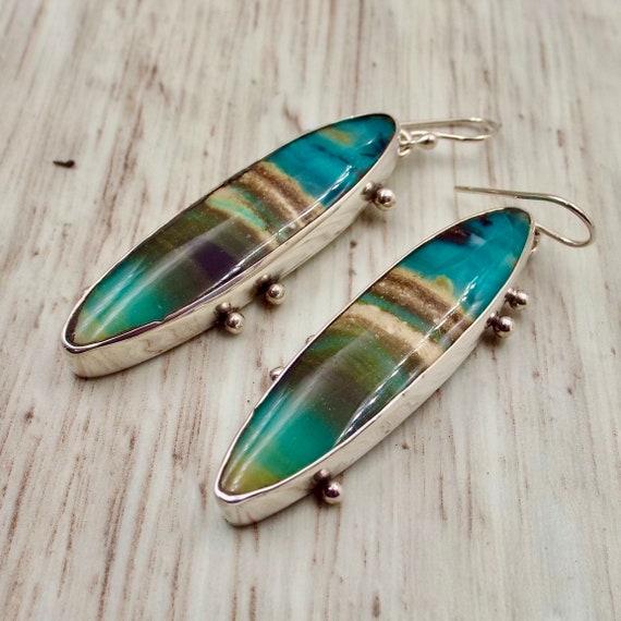 Petrified Wood, Blue Opal Gem Quality Gemstone Earrings, Sterling Silver Setting