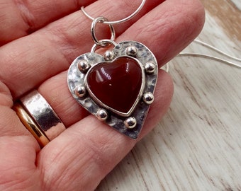 Red Carnelian Heart Pendant, Hammered Silver Background with Shiny Silver Ball Trim, Sterling Snake Chain