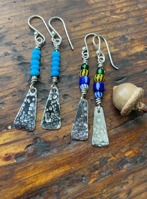 Sterling hammered Paddle Earrings with Turquoise and African Beads