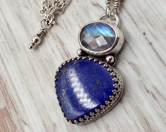 Moonstone and Lapis Pendant, Necklace Sterling Silver Setting and Chain, Fancy Bezel Trim