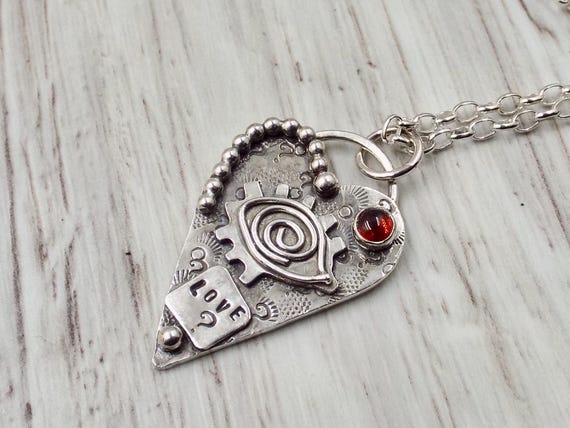 Silver Heart Pendant, Love? Pendant with a Garnet Gemstone, All Seeing Eye and Silver Chain Necklace
