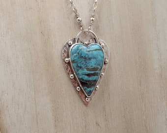 Kingman Turquoise Heart Pendant with Silver Balls and Sterling Chain