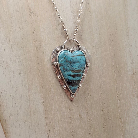 Kingman Turquoise Heart Pendant with Silver Balls and Sterling Chain