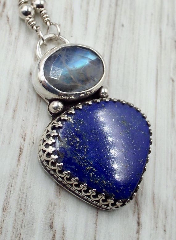 Moonstone and Lapis Pendant, Necklace Sterling Silver Setting and Chain, Fancy Bezel Trim