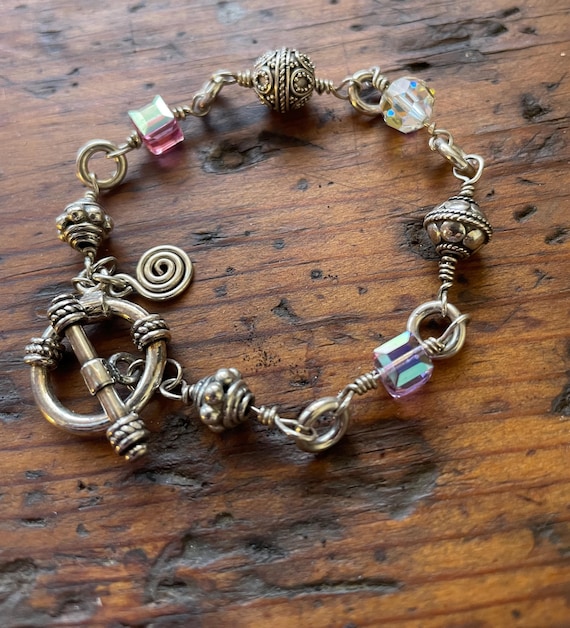 Swarovski Crystal and Bali Silver Bead Bracelet, Vintage Crystals and Beads, Toggle Closure, Petite 7 1/2" Length
