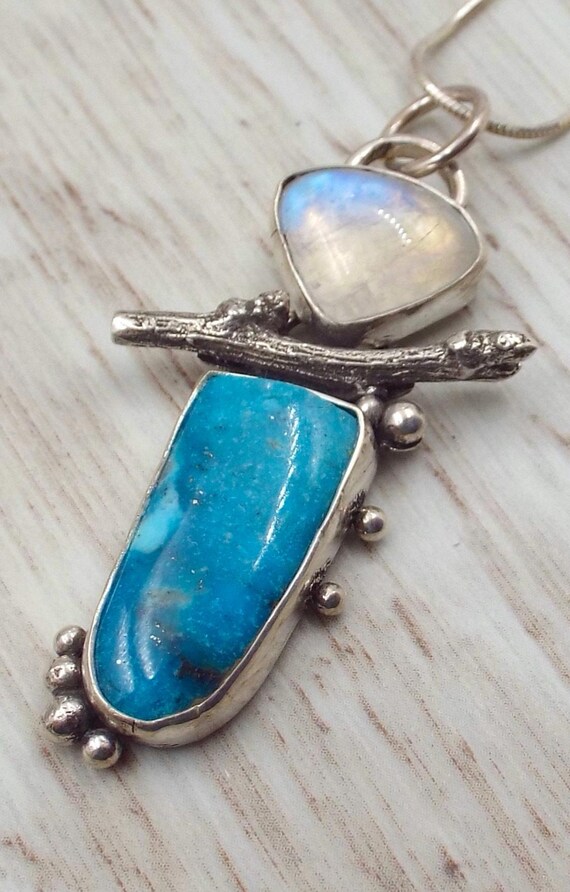 Moonstone and Turquoise Pendant with Sterling Silver Twig, Silver Snake Chain