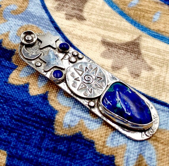 Azurite and Lapis Pendant with Celestial Moon and Stars, Sterling Silver