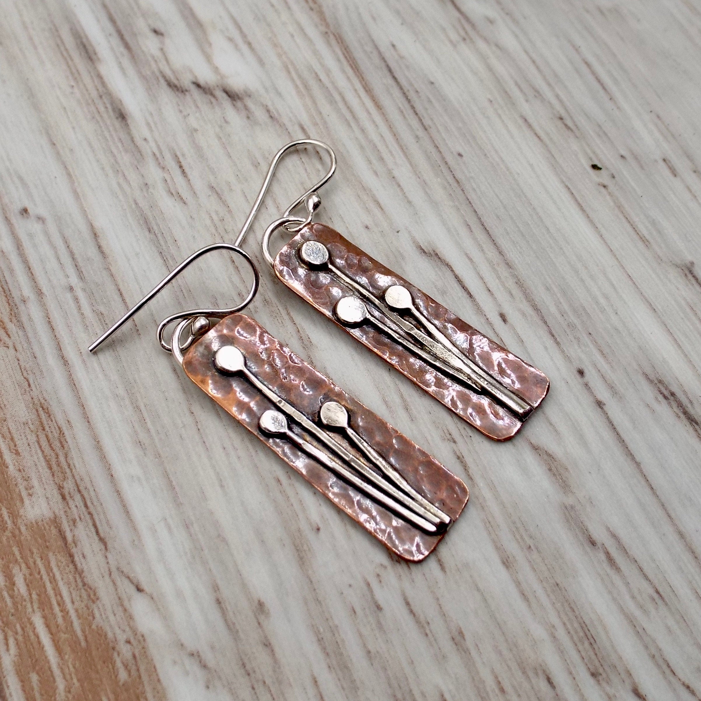 Mixed Metal Copper and Silver Earrings, Hammered Copper and Silver Flowers