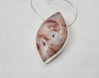 Pink Agate with Druzy Pockets Almond Shaped Pendant in Sterling Silver Setting.