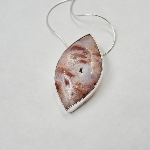 Pink Agate with Druzy Pockets Almond Shaped Pendant in Sterling Silver Setting.
