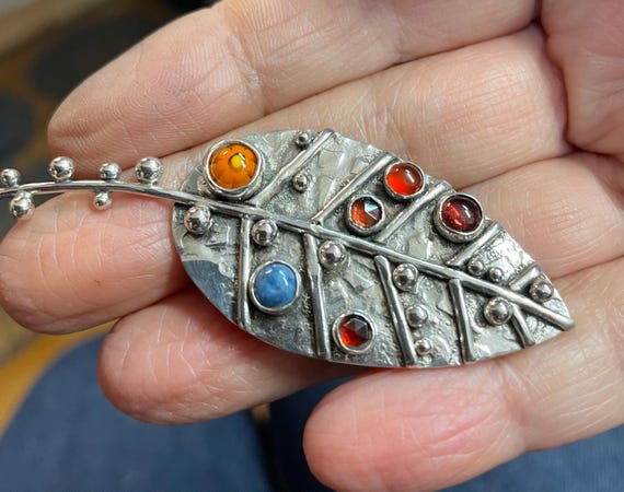 Sterling Silver Leaf Brooch with Gemstones