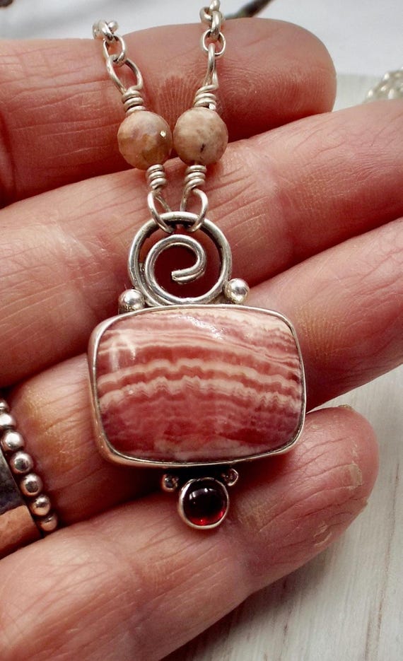 Rhodochrosite and Garnet Pendant, Necklace Sterling Silver Setting and Chain with Faceted Moonstone Beads