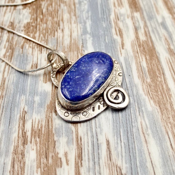 Blue Sodalite Gemstone Pendant, Oval Stone In Stamped Sterling Silver Necklace