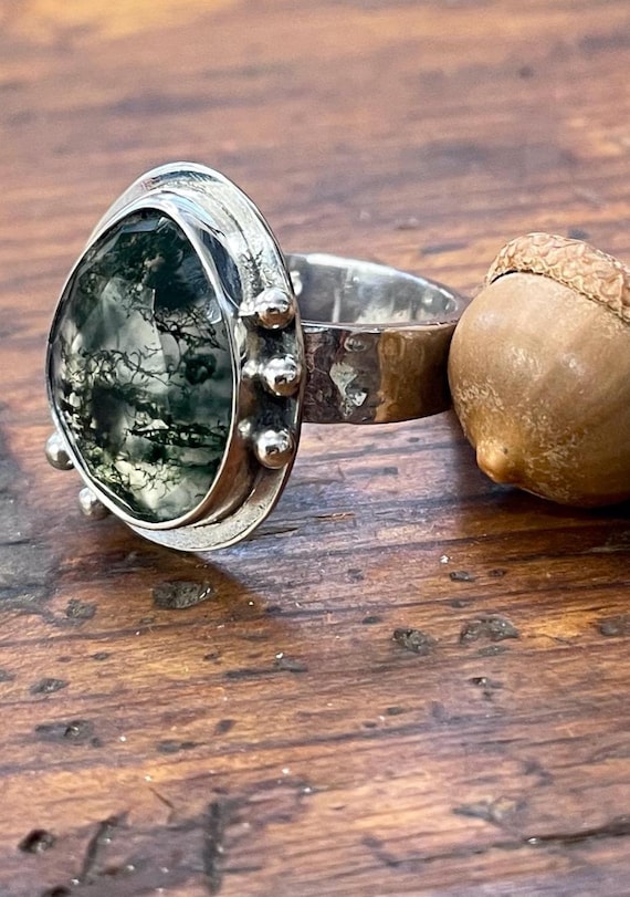 Rose Cut Moss Agate and Sterling Silver Ring, Green Tree Moss, Nature Inspired Jewelry
