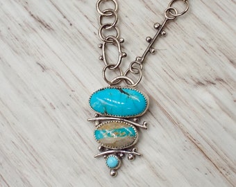 Three Turquoise Pendant, Kingman and Royston Gemstone Necklace with Handmade Chain