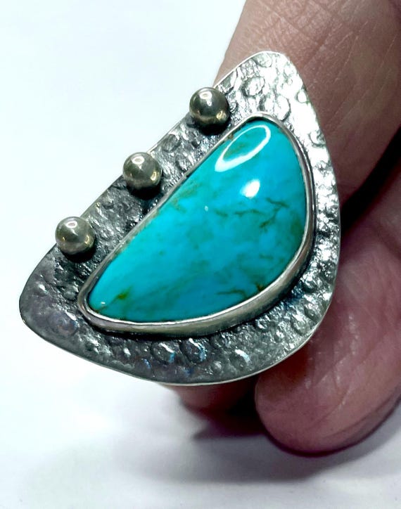 Turquoise Statement Ring, Textured Silver, Crescent Shaped