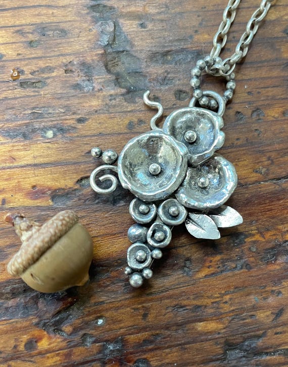 Sterling Silver Hollyhocks Flower Bouquet Pendant Necklace